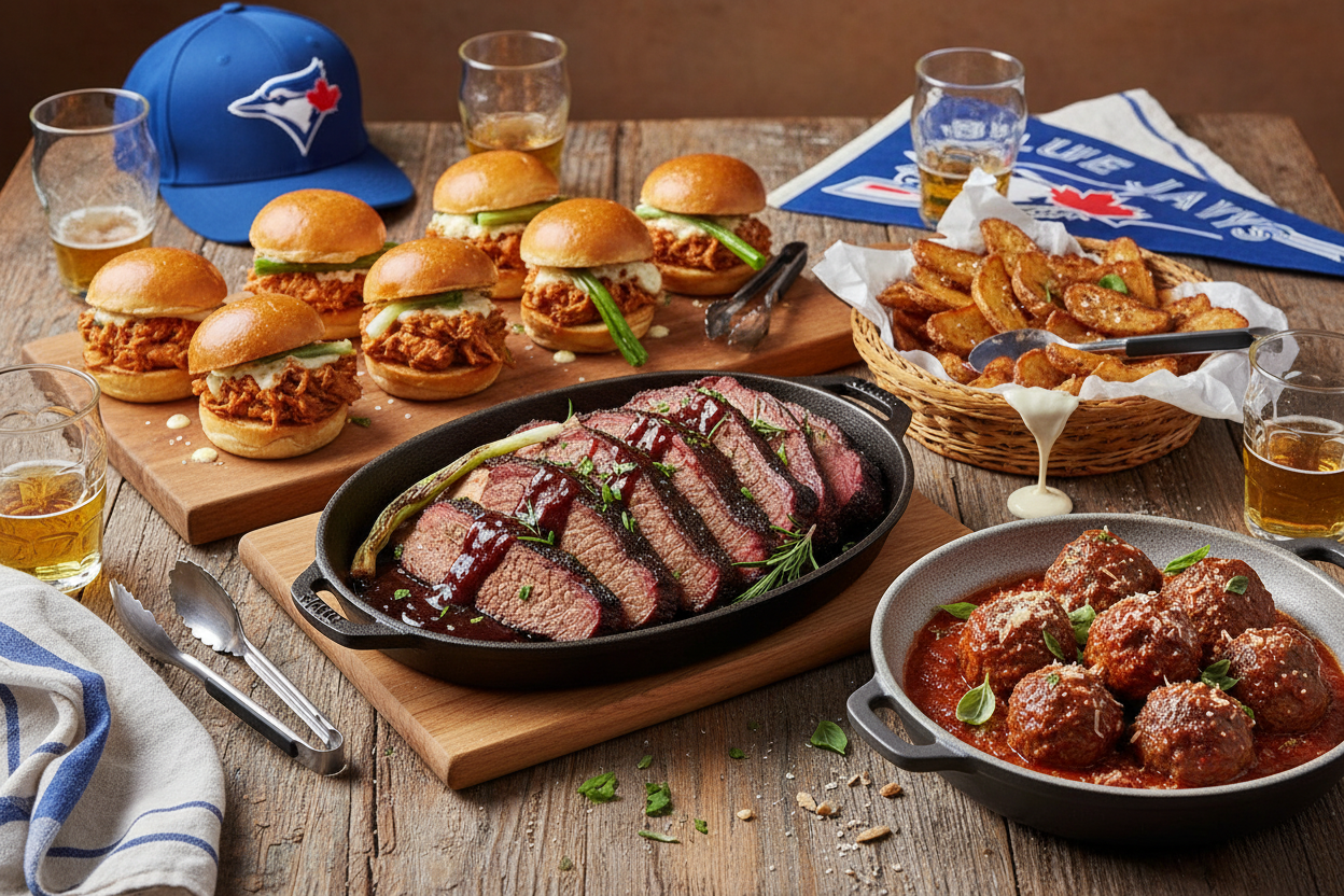 The Home Run Feast — $145 (serves 4–6)The Home Run Feast — $145 (serves 4–6)
Chef-crafted Game Day feast for family and friends — fire-driven, shareable, and built to celebrate every Blue Jays win.
Menu
Wood-Fired Brisket – slow-roasted, finished with merlot jus and garden herbs
Smoked Chicken & Herb Sliders – maple aioli, charred scallion, and house pickles on soft brioche
Wood-Fired Meatballs – roasted tomato glaze, Parmigiano, and basil
Duck-Fat Potato Wedges – crisp and golden with truffle ranch drizzle
